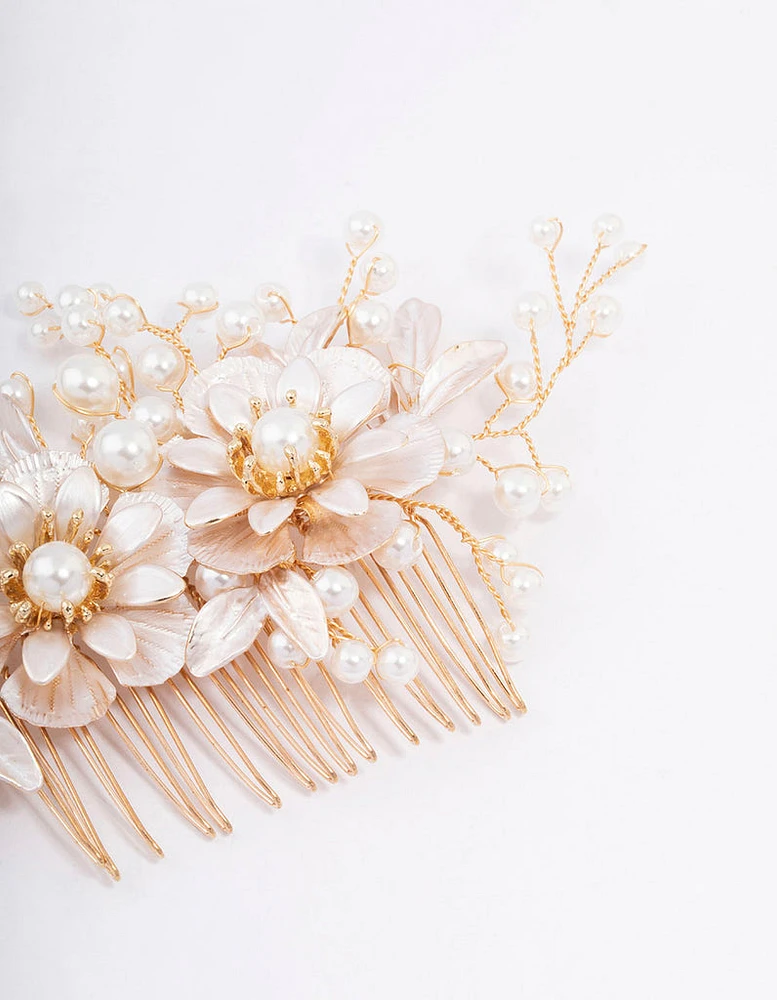 Gold Flower Wire Pearl Hair Comb