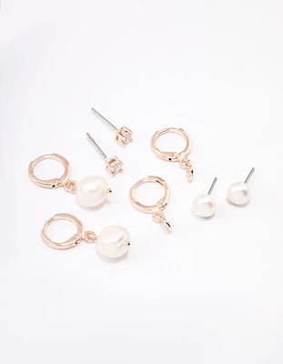 Rose Gold Plated Freshwater Pearl & Cubic Zirconia Earring Pack