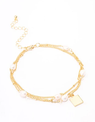 Gold Plated Layered Station Chain Freshwater Pearl Anklet