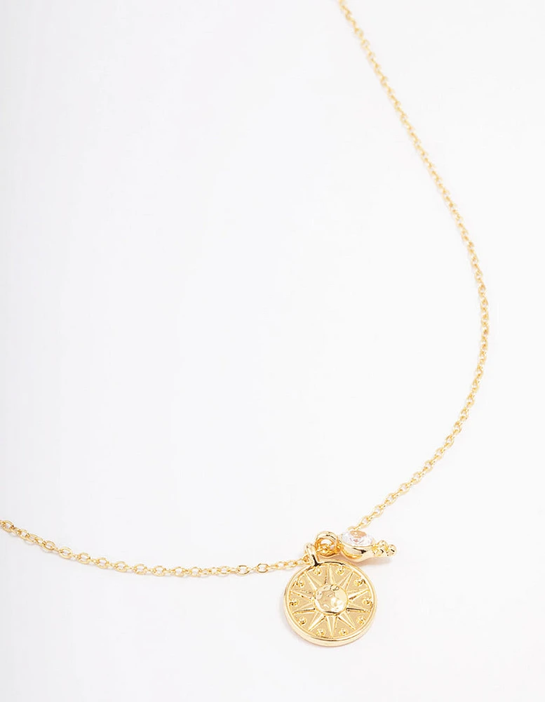 Gold Plated Star Disc & Cubic Zirconia Drop Pendant Necklace