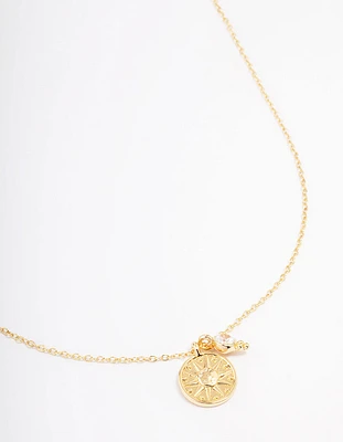 Gold Plated Star Disc & Cubic Zirconia Drop Pendant Necklace