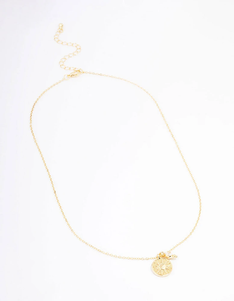 Gold Plated Star Disc & Cubic Zirconia Drop Pendant Necklace