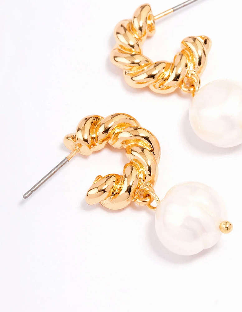 Gold Plated Textured Freshwater Pearl Hoop Earrings