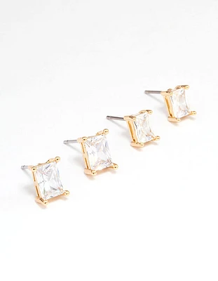 Gold Plated Cubic Zirconia Baguette Stud Earring Pack