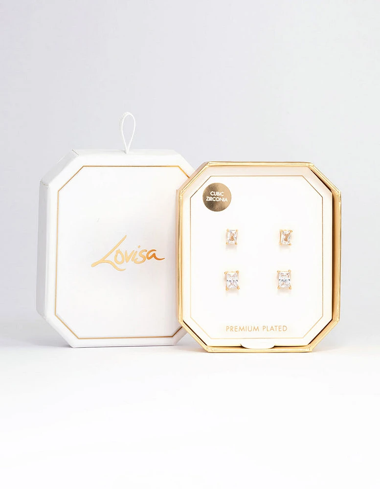 Gold Plated Cubic Zirconia Baguette Stud Earring Pack