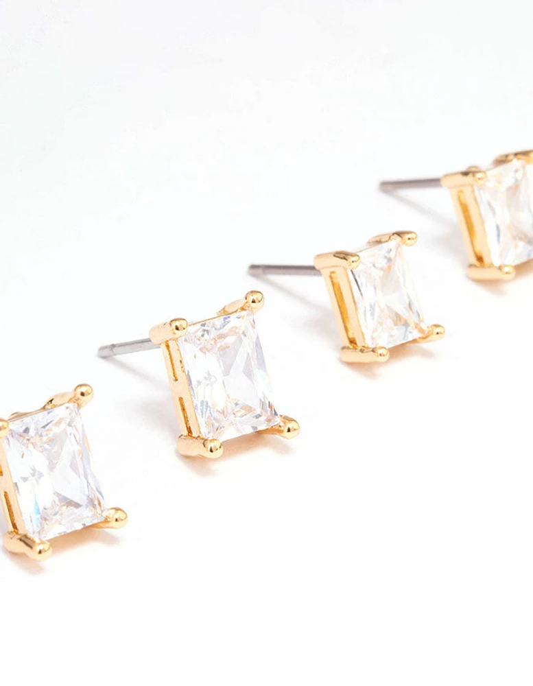 Gold Plated Cubic Zirconia Baguette Stud Earring Pack