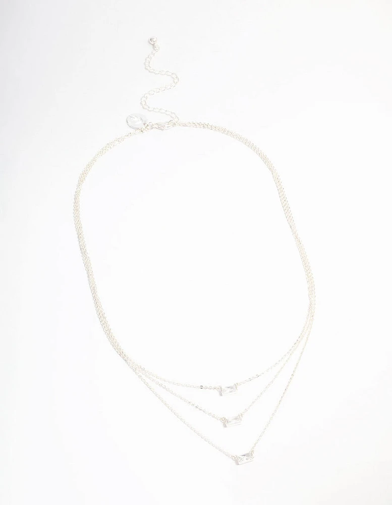 Silver Plated Cubic Zirconia Baguette Layered Necklace