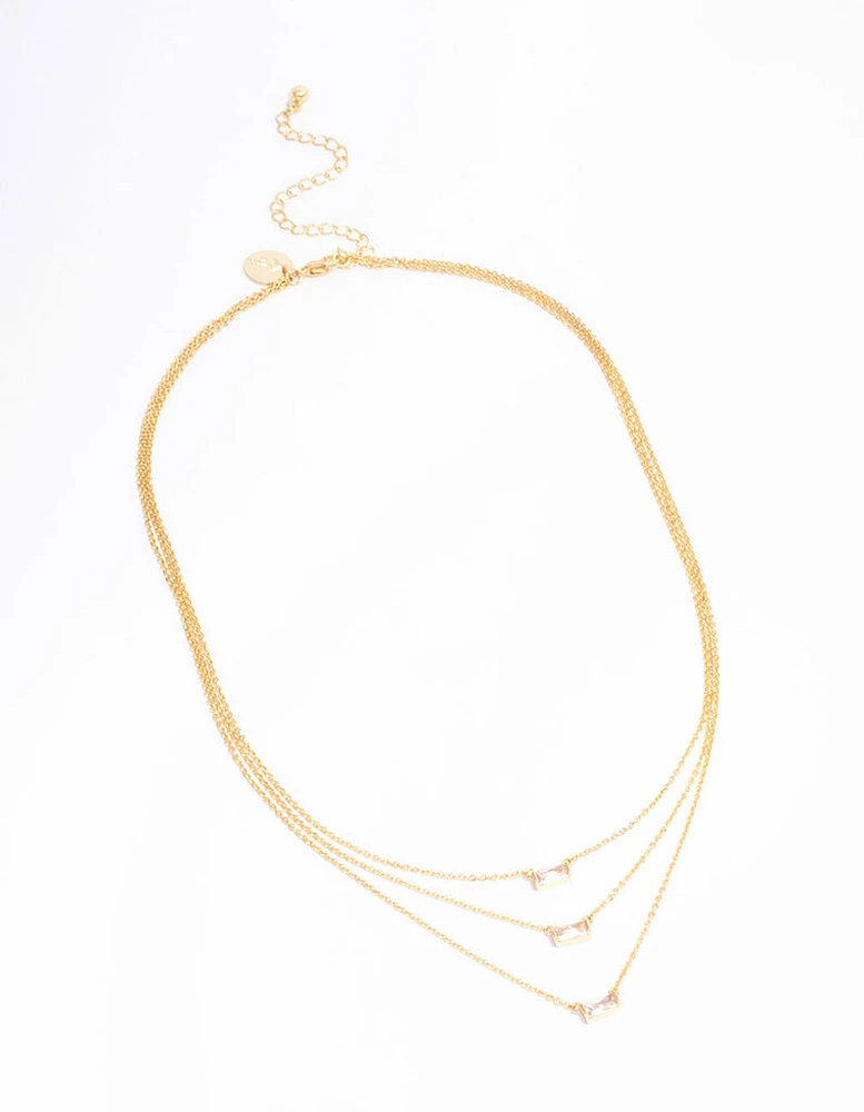 Gold Plated Cubic Zirconia Baguette Layered Necklace