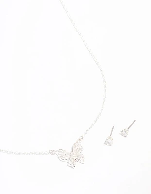 Silver Plated Butterfly Cubic Zirconia Necklace & Earrings Set