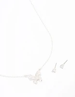 Silver Plated Butterfly Cubic Zirconia Necklace & Earrings Set