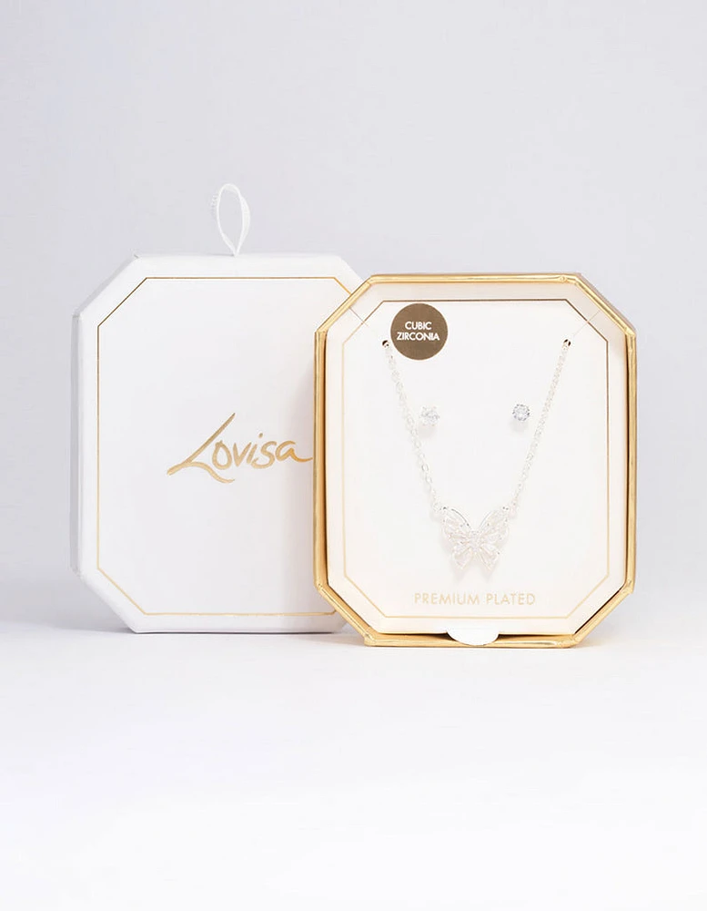 Silver Plated Butterfly Cubic Zirconia Necklace & Earrings Set