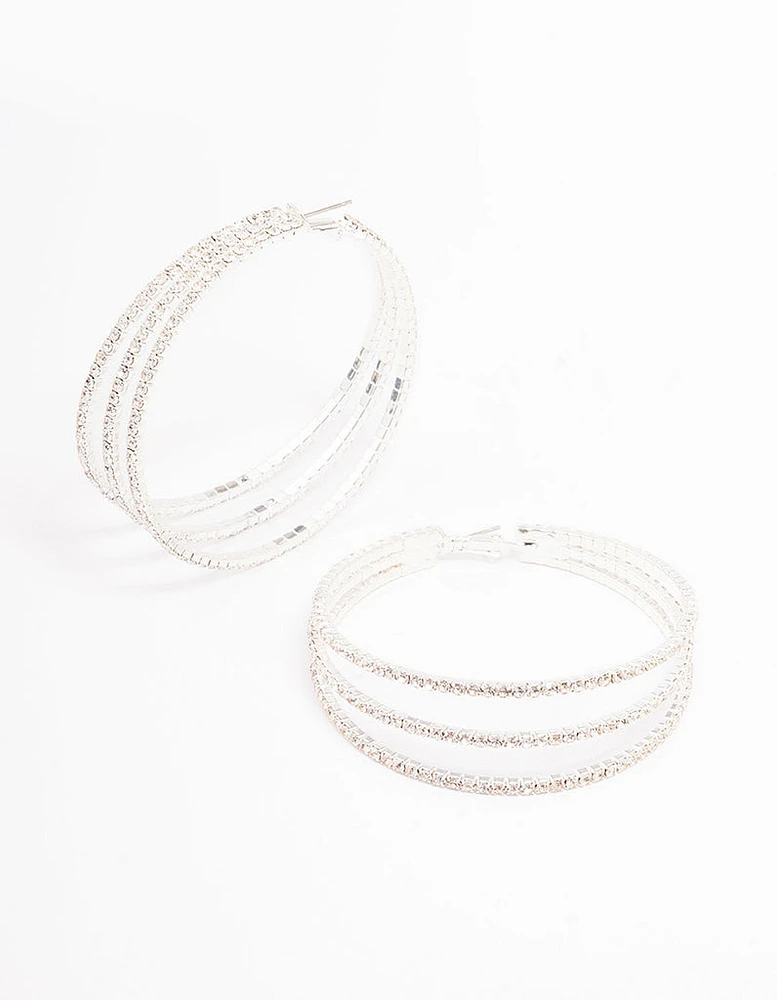 Silver Medium Triple Row Diamante Hoop Earrings