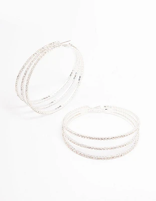 Silver Medium Triple Row Diamante Hoop Earrings