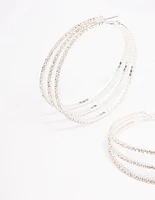 Silver Medium Triple Row Diamante Hoop Earrings