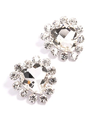 Rhodium Multi Diamante Heart Stud Earrings