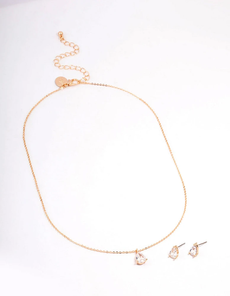 Gold Teardrop Cubic Zirconia Earring & Necklace Set