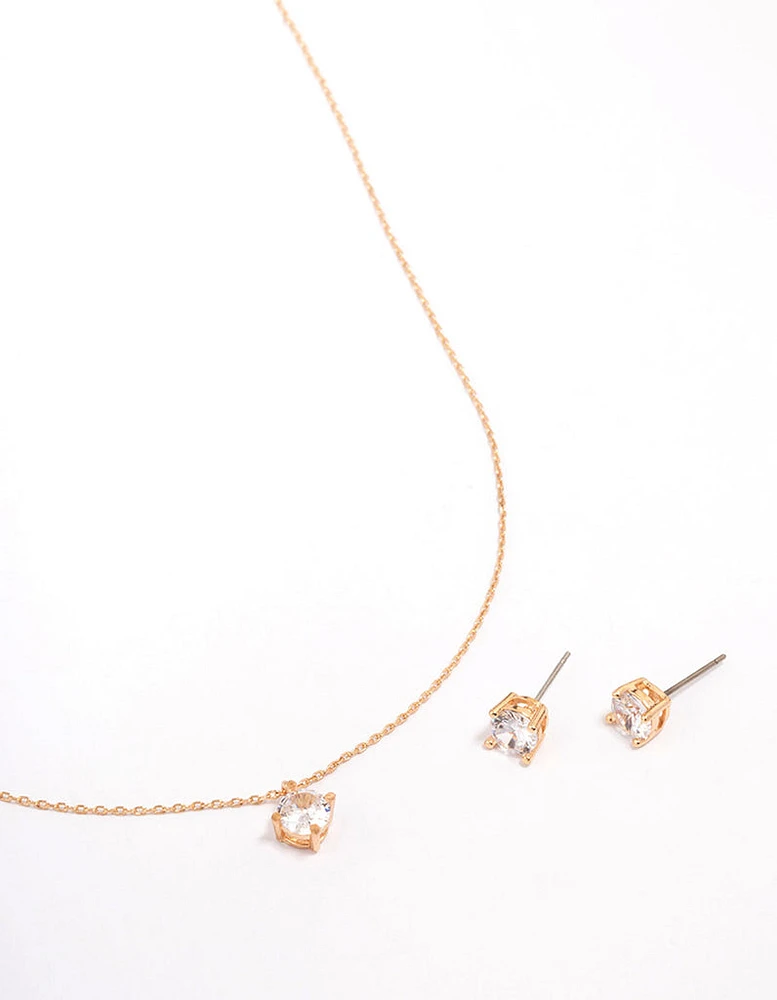 Gold Cubic Zirconia Round Earring & Necklace Set