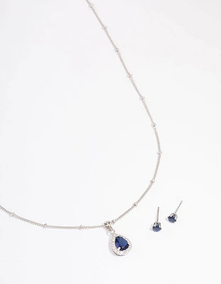 Silver Cubic Zirconia Sapphire Earring & Necklace Set