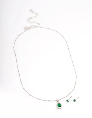 Rhodium Cubic Zirconia Emerald Earring & Necklace Set