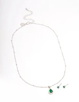 Silver Cubic Zirconia Emerald Earring & Necklace Set