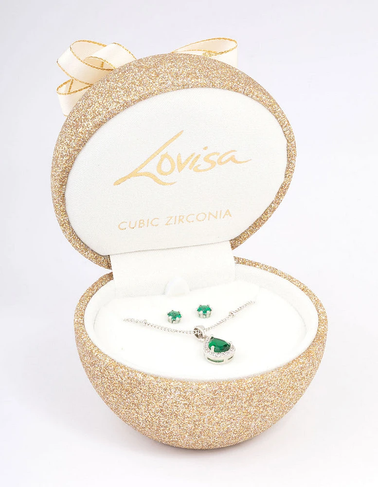 Silver Cubic Zirconia Emerald Earring & Necklace Set