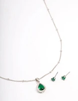 Silver Cubic Zirconia Emerald Earring & Necklace Set