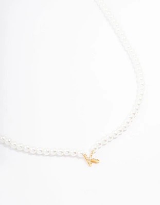 Gold Plated Letter K Initial & Pearl Pendant Necklace