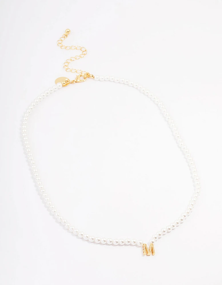 Gold Plated Letter Initial & Pearl Pendant Necklace