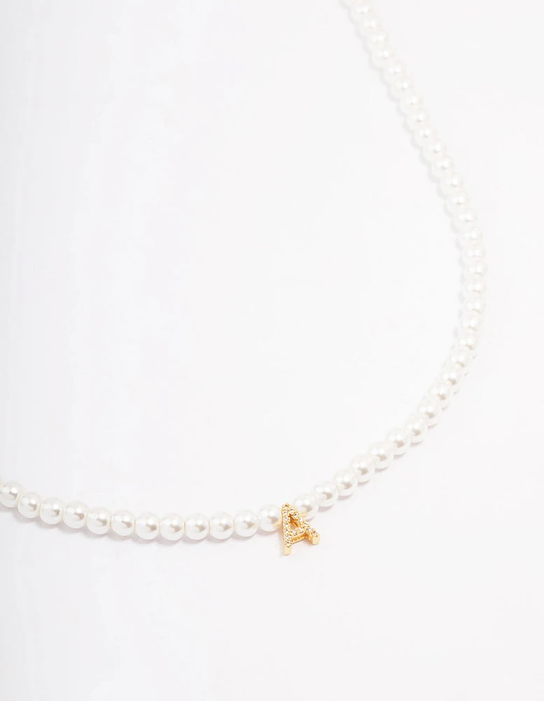 Gold Plated Letter A Initial & Pearl Pendant Necklace