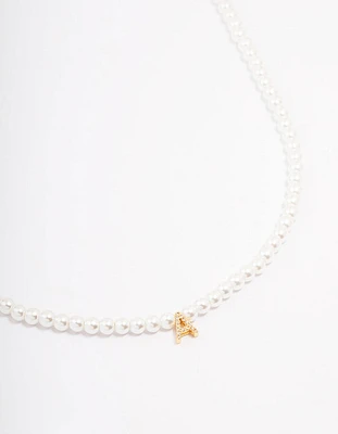 Gold Plated Letter A Initial & Pearl Pendant Necklace