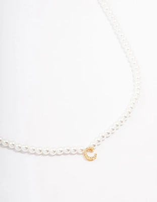 Gold Plated Letter C Initial & Pearl Pendant Necklace