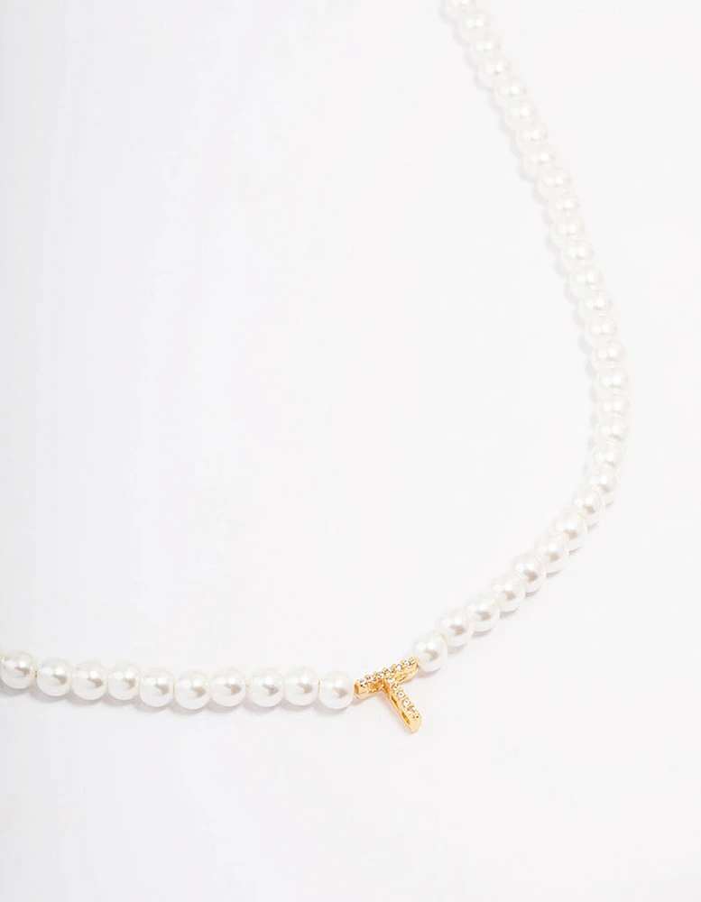 Gold Plated Letter T Initial & Pearl Pendant Necklace