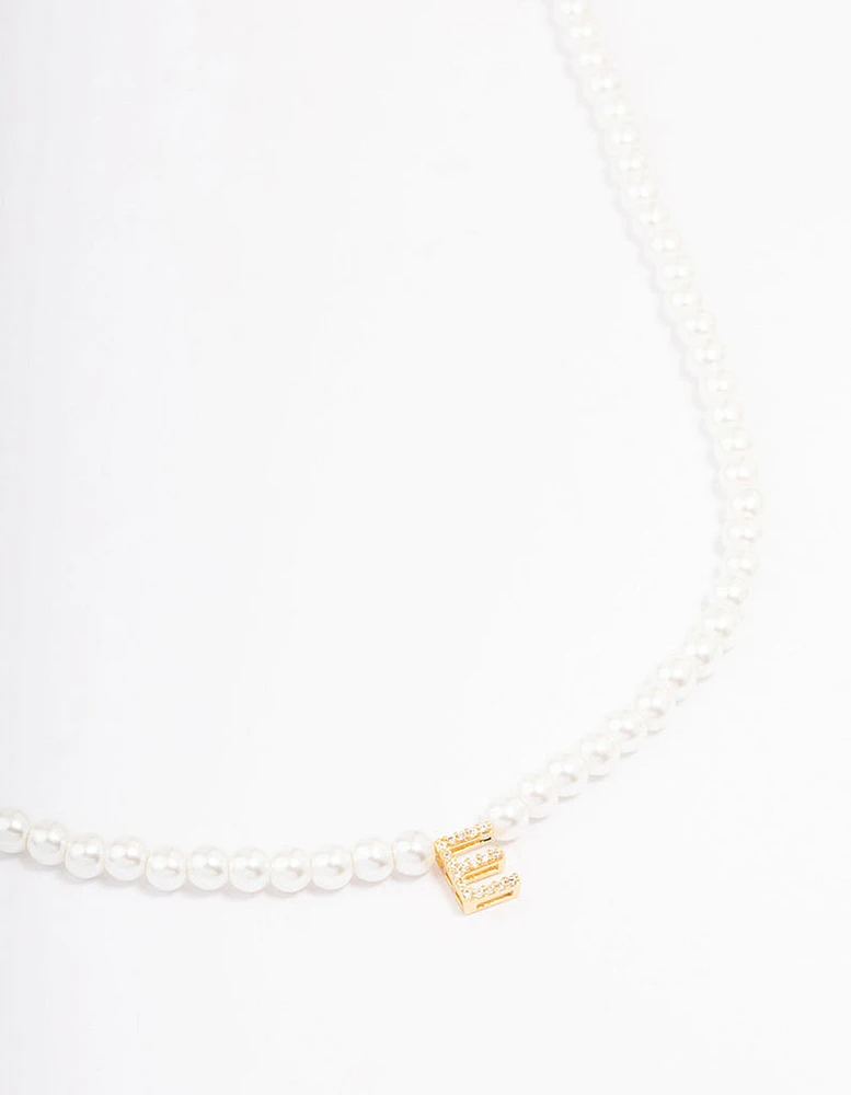 Gold Plated Letter E Initial & Pearl Pendant Necklace