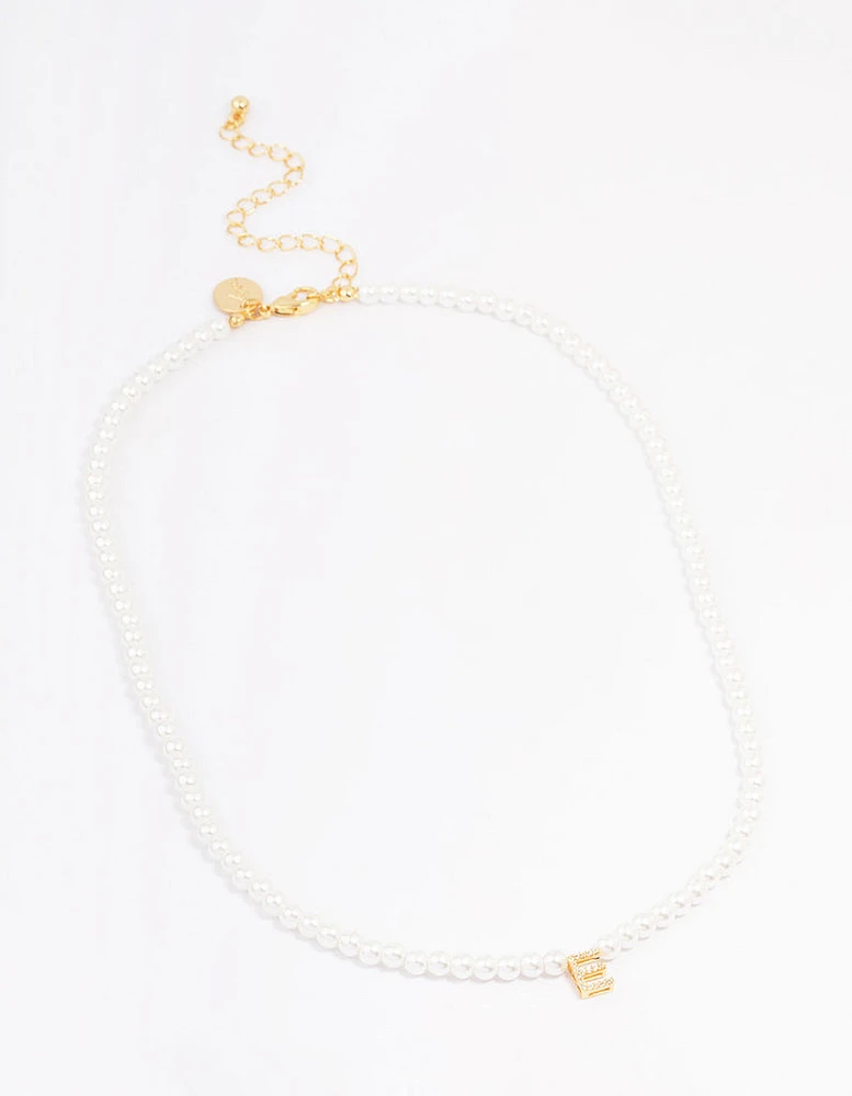 Gold Plated Letter E Initial & Pearl Pendant Necklace