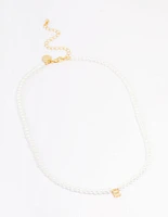 Gold Plated Letter E Initial & Pearl Pendant Necklace