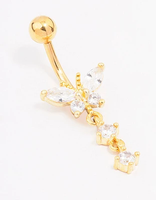 Gold Plated Surgical Steel Cubic Zirconia Butterfly Drop Belly Ring