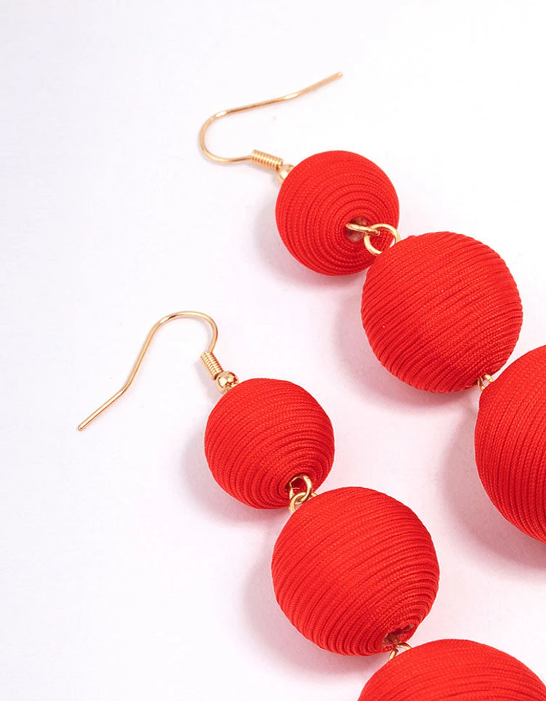 Red Thread Through Wrapped Ball Drop Earrings