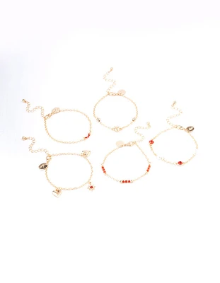 Red 5 Row Charm Gold Bracelets & Anklets Set