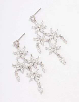 Silver Cubic Zirconia  Flower Chandelier Drop Earrings