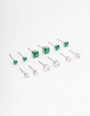 Silver Cubic Zirconia Round & Square Stud Earrings 12-Pack