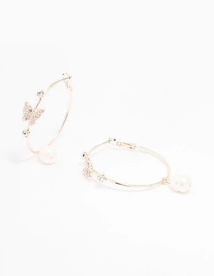 Rose Gold Butterfly & Pearl Medium Hoop Earrings