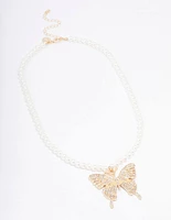 Gold Pearl & Butterfly Diamante Pendant Necklace