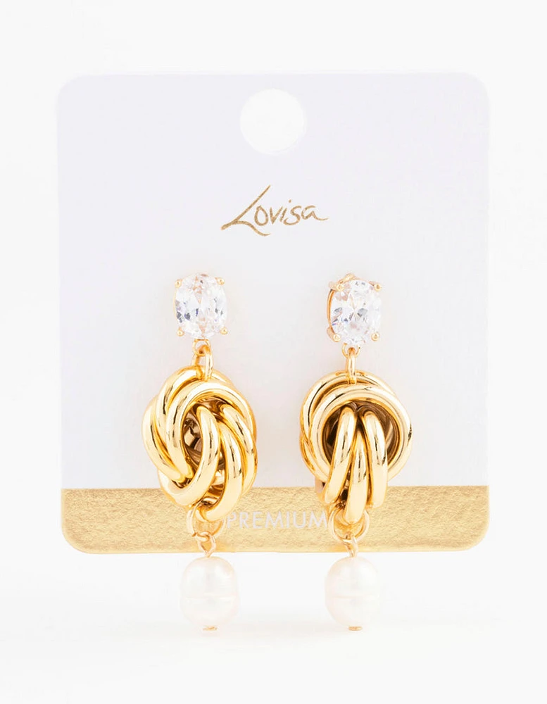 Gold Plated Cubic Zirconia & Freshwater Pearl Knotted Drop Earrings