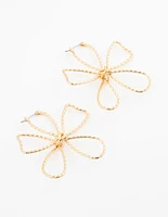 Gold Plated Textured Wire Flower Statement Earrings