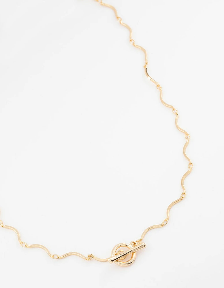 Gold Plated Wavy FOB Chain Necklace