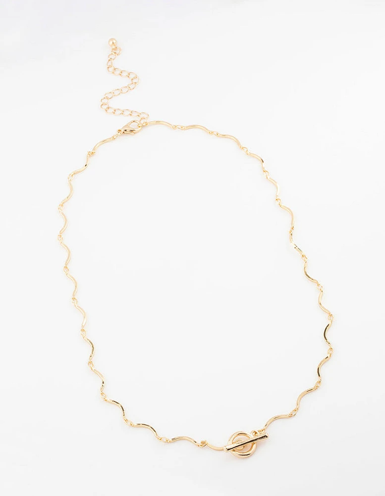 Gold Plated Wavy FOB Chain Necklace