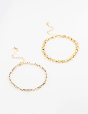 Gold Plated Link Chain & Tennis Bracelet Pack