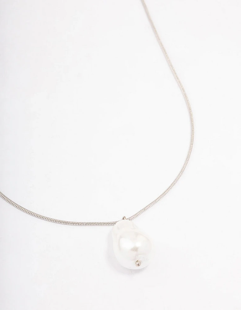 Rhodium Snake Chain Pearl Pendant Necklace