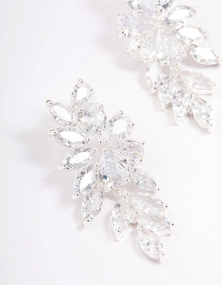 Silver Flower Cluster Drop Earrings