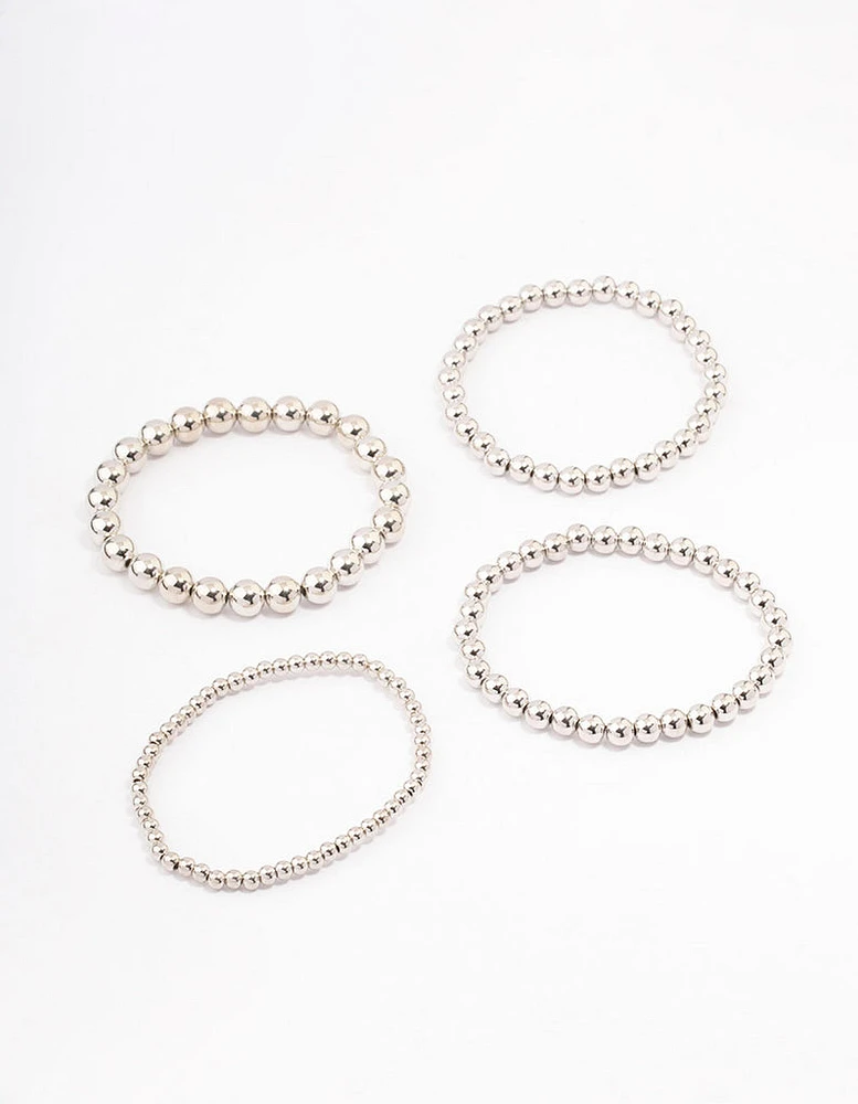 Rhodium Round Ball Stretch Bracelet 4-Pack